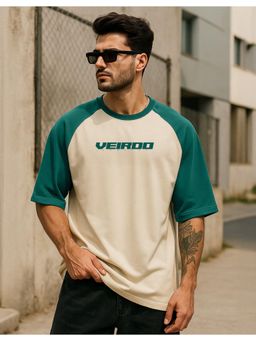 VEIRDO - Green Raglan Oversized Printed T-shirt
