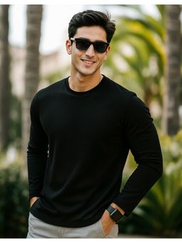 VEIRDO - Black Plain Full Sleeves Regular Fit T-shirt