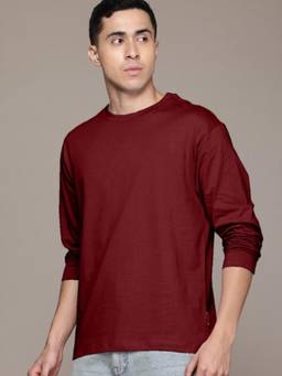 VEIRDO - Maroon Plain Full Sleeves Regular Fit T-shirt