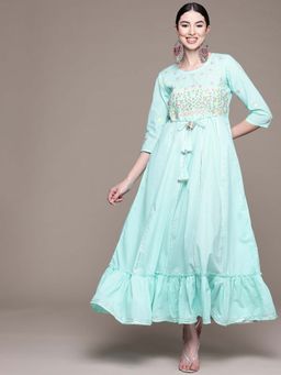 Anubhutee - Women Sky Blue Yoke Embroidered Ethnic Dress