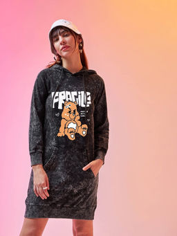 Bewakoof - Women's Black Fragile Graphic Printed Acid Wash Hoodie Dress