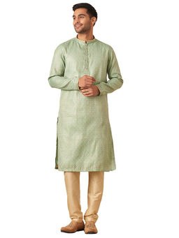 Manyavar - Green Art Silk Self Design Kurta with Pencil Pyjama (Set of 2)