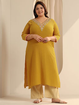 Extra love by Libas - Plus Size Women Mustard Yoke Design Straight Blended Kurta