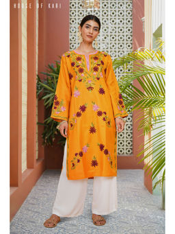 HOUSE OF KARI - Kashmiri Aari Work Long Kurta - Mustard
