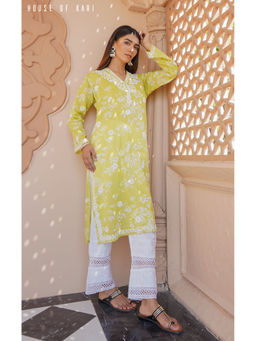 HOUSE OF KARI - Mul Cotton Chikankari Long Kurta in Yellow