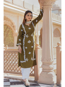 HOUSE OF KARI - Rayon Chikankari Straight Kurta in Olive Brown