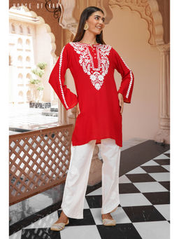 HOUSE OF KARI - Rayon Chikankari Kurti in Red