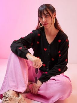 Bewakoof - Women's Black All Over Printed Oversized Sweater
