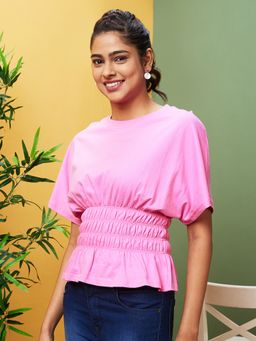 Globus - Women Pink Solid Casual Round Neck Blouson Top