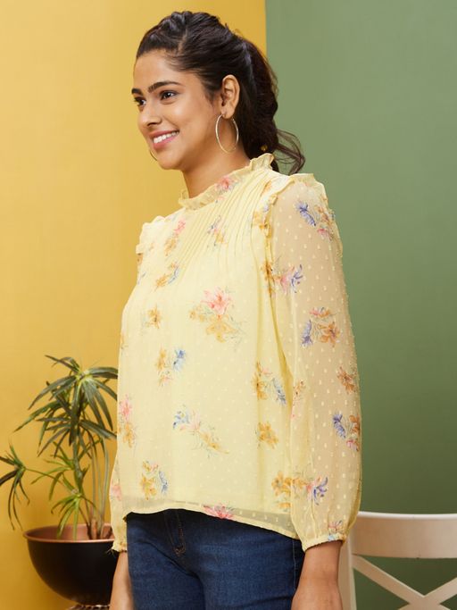 Buy Globus Women Yellow Floral Print Frilled High Neck Bishop Sleeves Georgette Top Online 2