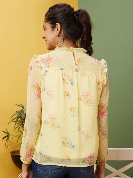 Buy Globus Women Yellow Floral Print Frilled High Neck Bishop Sleeves Georgette Top Online 3