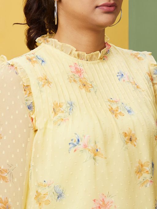 Buy Globus Women Yellow Floral Print Frilled High Neck Bishop Sleeves Georgette Top Online 4