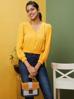 Globus - Women Yellow Solid Casual V-Neck Top