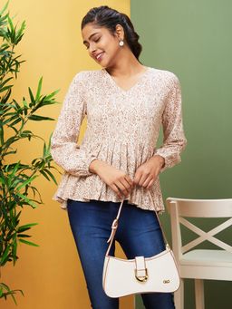 Globus - Women White Printed Casual V-Neck Peplum Top