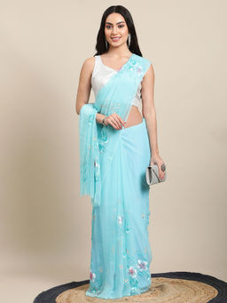 La Vastraa - Hand Painted Pastel Blue Chiffon Saree with Unstitched Blouse
