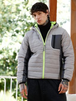 Campus Sutra - Men Coin Grey Panel-Block-Quilt Puffer Jacket