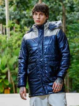 Campus Sutra - Men Navy Blue Patent-Block Quilted Longline Puffer Jacket