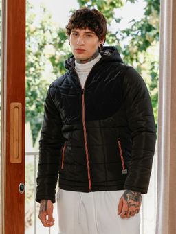 CAHOOT - Men Onyx Black Hooded Bar-Quilt Puffer Jacket