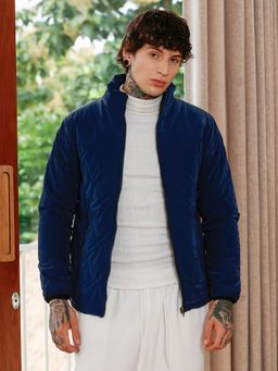 Campus Sutra - Men Navy Blue Panelled Bar-Quilt Puffer Jacket