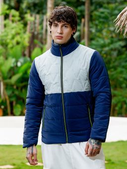 Campus Sutra - Men Navy Blue and Coin Grey Bar-Quilted Block Puffer Jacket