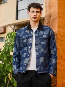 Campus Sutra - Men Navy Blue Block-Jacquard Sherpa-Lined Denim Jacket