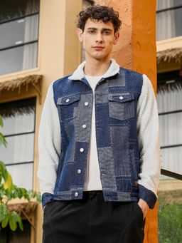 Campus Sutra - Men Navy Blue Pattern-Jacquard Sherpa-Lined Denim Jacket