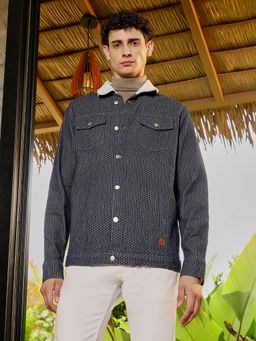 Campus Sutra - Men Navy Blue Cubic-Jacquard Sherpa-Lined Denim Jacket