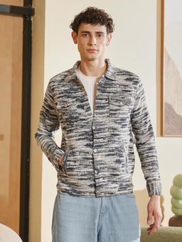 Campus Sutra - Men Navy Blue and Off-White Stroke-Jacquard Denim Jacket