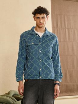 Campus Sutra - Men Indigo Blue Geometric-Jacquard Denim Jacket