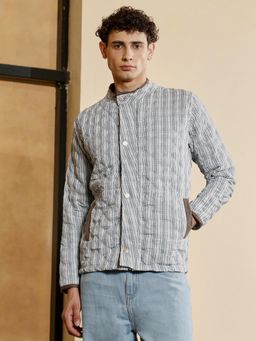 Campus Sutra - Men Coin Grey Woven-Striped Quilted Jacket