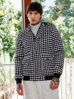 Campus Sutra - Men Obsidian Black and Chalk White Checked-Tactile Puffer Jacket