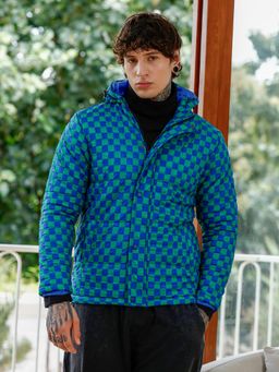 Campus Sutra - Men Electric Blue and Shamrock Green Checker-Tactile Puffer Jacket