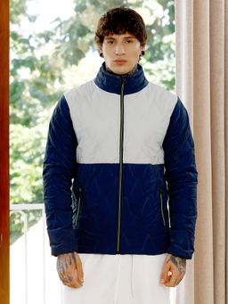 Campus Sutra - Men Navy Blue and Coin Grey Block Bar-Quilt Puffer Jacket