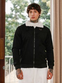 Campus Sutra - Men Raven Black Contrast Sherpa-Lined Suede Bomber Jacket