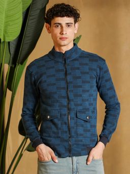Campus Sutra - Men Indigo Blue Zip-Front Geometric-Jacquard Jacket