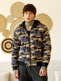 Campus Sutra - Men Army Green and Khaki Beige Camouflage Fleece-Lined Jacket