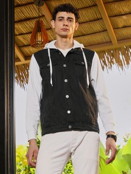 Campus Sutra - Men Midnight Black and Cloud White Block-Sweatshirt Denim Jacket