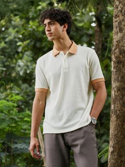 Campus Sutra - Men Peach Orange and Chalk White Block-Textured Knit Polo T-Shirt