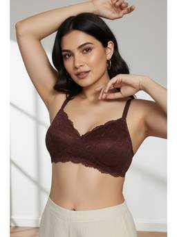 Zivame - Dreamcatcher Padded Non Wired Medium Coverage Lace Bra - Rum Raisin