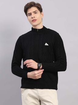 Monte Carlo - Men Black Regular Fit Self Design T Neck Full Sleeve Jacket