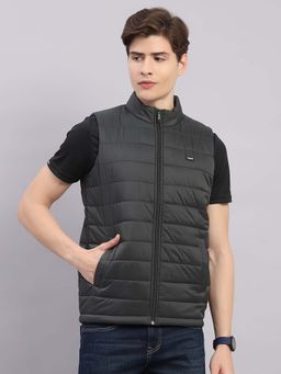 Rock.it - Men Olive Smart Fit Solid Stand Collar Sleeveless Jacket