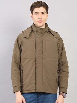 Monte Carlo - Men Khaki Regular Fit Solid Full Sleeve Hooded Jacket with Puffer Vest