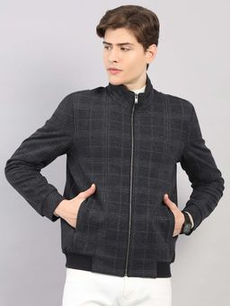 Monte Carlo - Men Charcoal Regular Fit Checks Stand Collar Full Sleeve Jacket