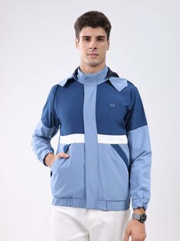 Monte Carlo - Men Blue Regular Fit Colour Block Hooded Full Sleeve Jacket