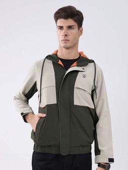 Monte Carlo - Men Olive Regular Fit Colour Block Hooded Full Sleeve Jacket