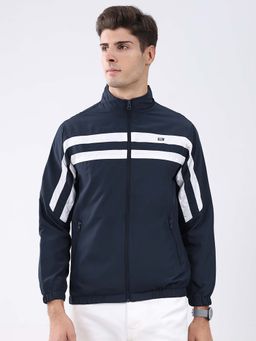 Monte Carlo - Men Navy Blue Regular Fit Striped Stand Collar Full Sleeve Jacket