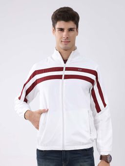 Monte Carlo - Men White Regular Fit Striped Stand Collar Full Sleeve Jacket