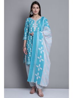 Rajnandini - Turquoise Cotton Blend Printed Kurta and Salwar with Dupatta (Set of 3)