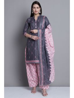 Rajnandini - Grey Cotton Blend Printed Kurta and Salwar with Dupatta (Set of 3)