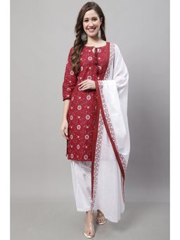 Rajnandini - Maroon Cotton Printed Kurta and Salwar with Dupatta (Set of 3)